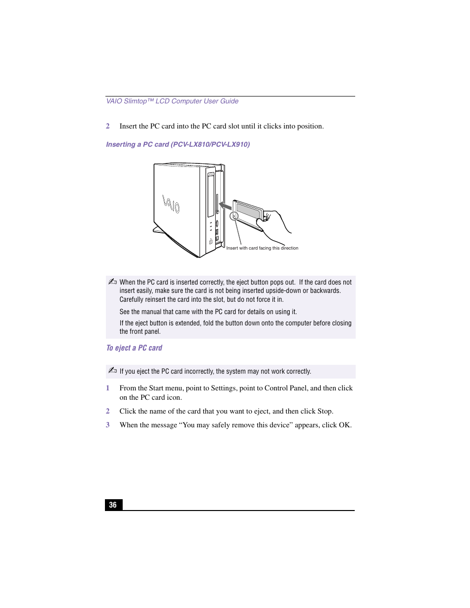 Inserting a pc card (pcv-lx810/pcv-lx910), To eject a pc card | Sony PCV-LX810 User Manual | Page 36 / 124