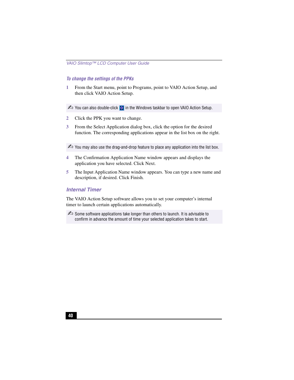 To change the settings of the ppks, 2 click the ppk you want to change, Internal timer | Sony PCV-LX810 User Manual | Page 40 / 124