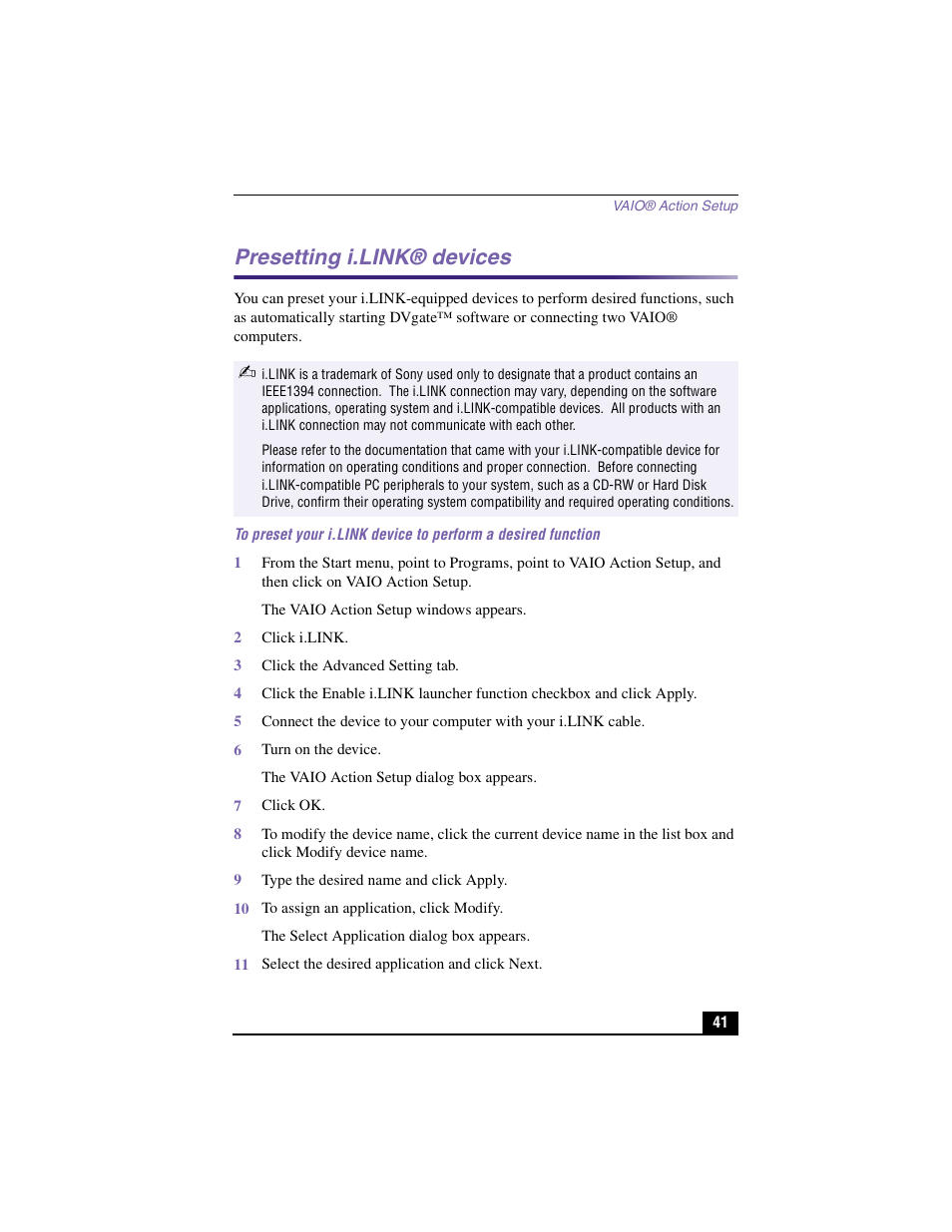 Presetting i.link® devices, 2 click i.link, 3 click the advanced setting tab | 6 turn on the device, 7 click ok, 9 type the desired name and click apply, 10 to assign an application, click modify, 11 select the desired application and click next | Sony PCV-LX810 User Manual | Page 41 / 124