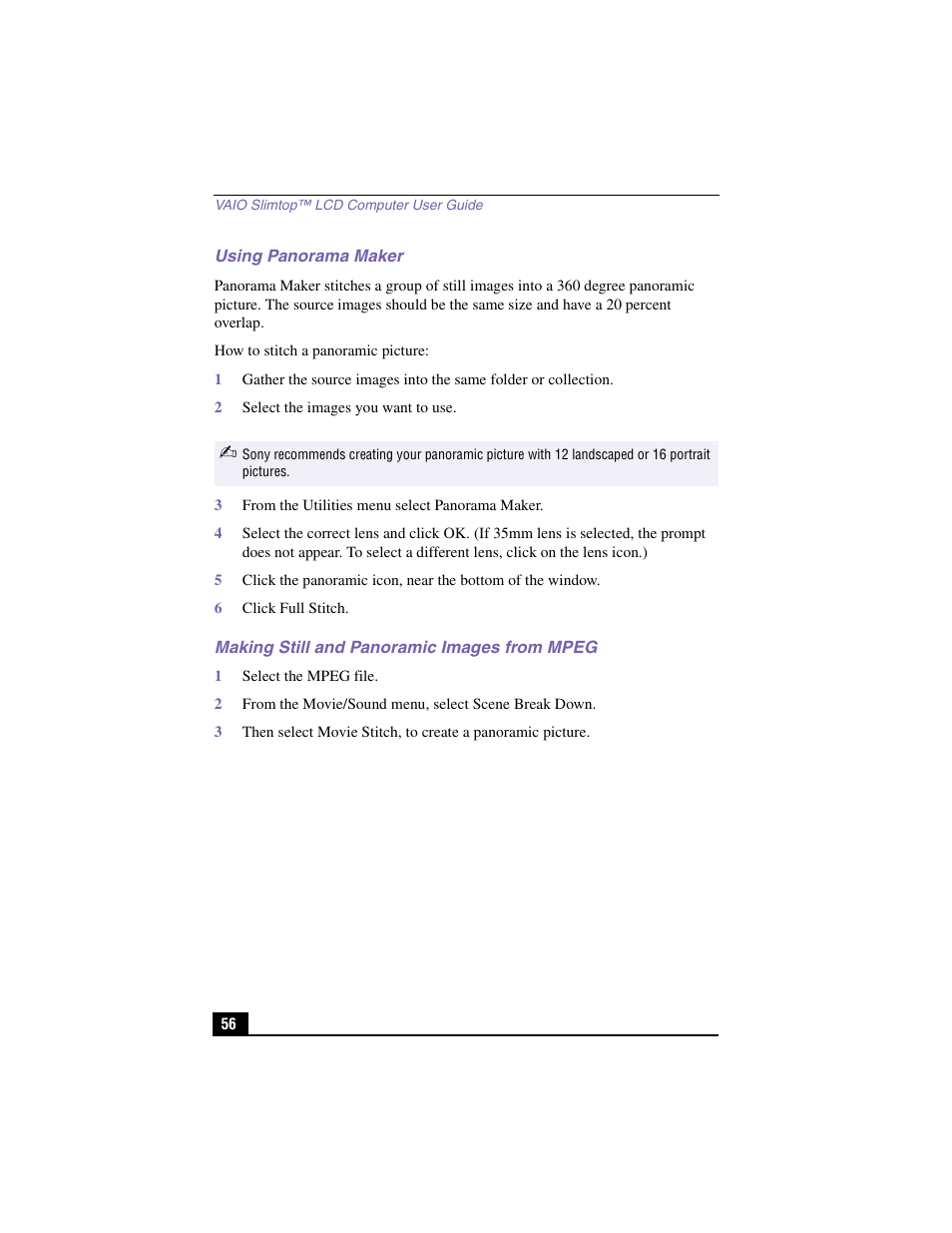 Using panorama maker, 2 select the images you want to use, 3 from the utilities menu select panorama maker | 6 click full stitch, Making still and panoramic images from mpeg, 1 select the mpeg file | Sony PCV-LX810 User Manual | Page 56 / 124