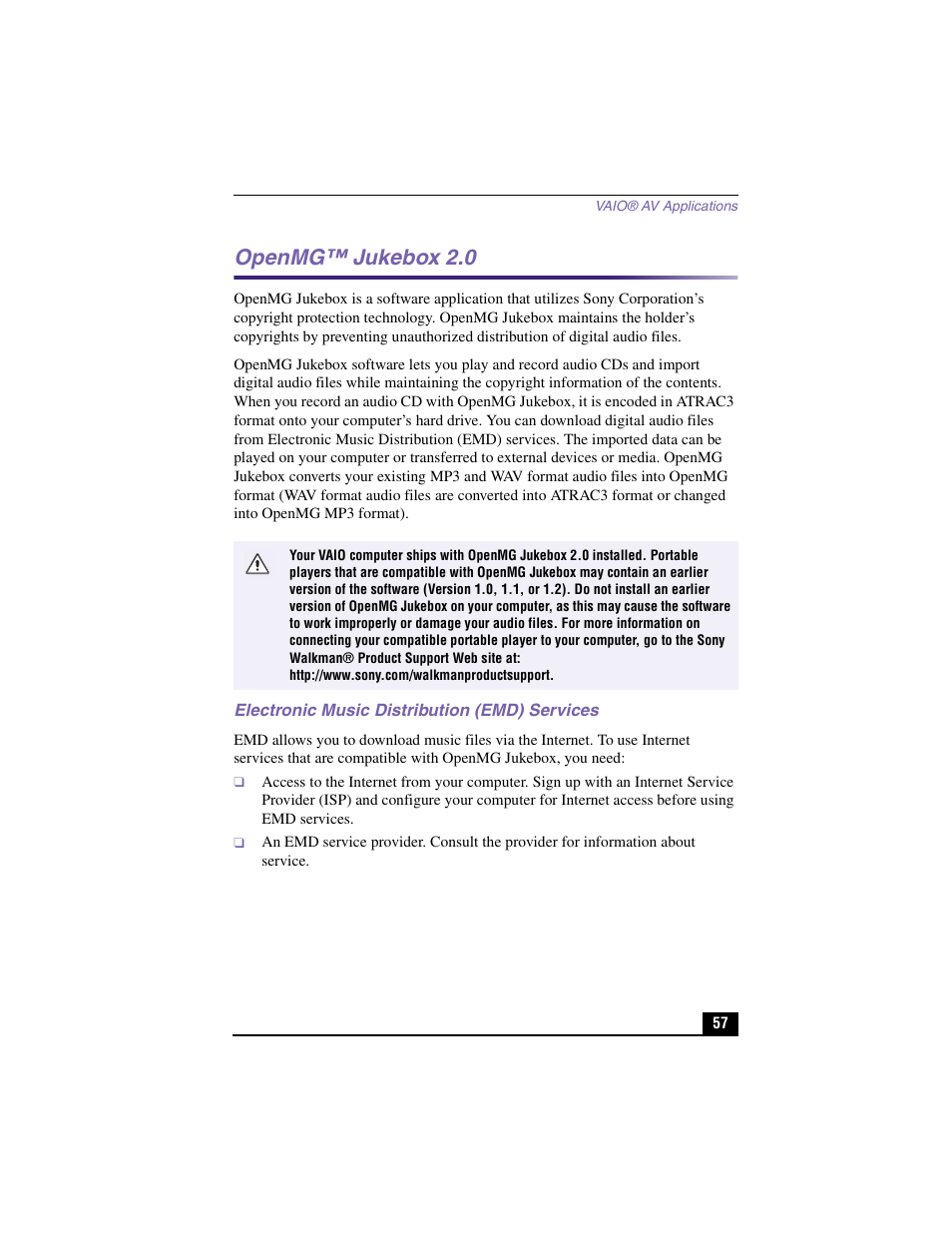 Openmg™ jukebox 2.0, Electronic music distribution (emd) services | Sony PCV-LX810 User Manual | Page 57 / 124