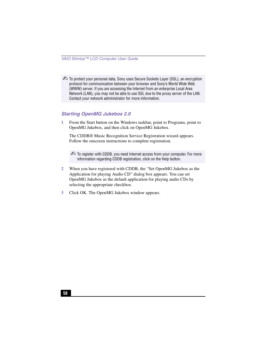 Starting openmg jukebox 2.0, 3 click ok. the openmg jukebox window appears | Sony PCV-LX810 User Manual | Page 58 / 124