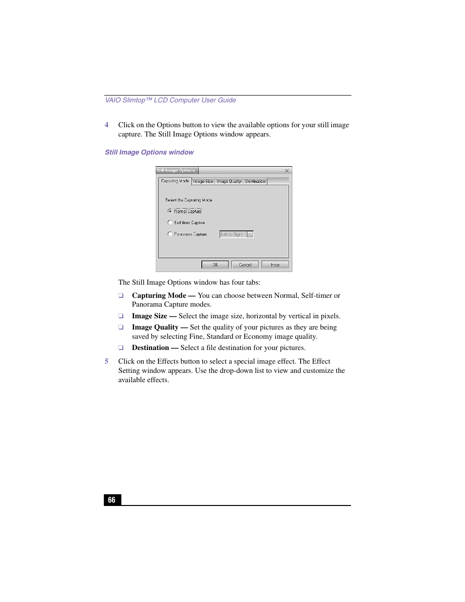 Still image options window, Capturing mode, Image size | Image quality, Destination | Sony PCV-LX810 User Manual | Page 66 / 124