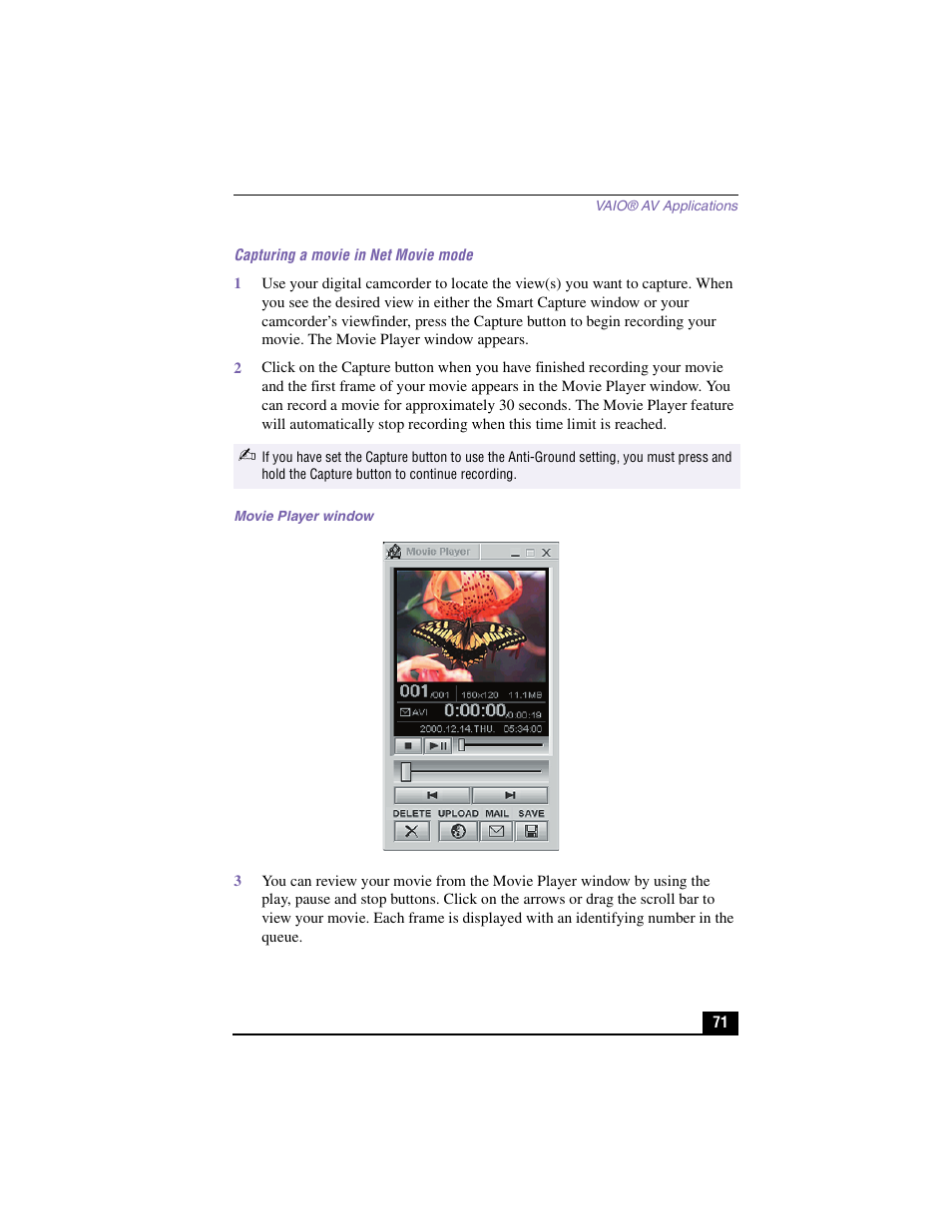 Capturing a movie in net movie mode, Movie player window | Sony PCV-LX810 User Manual | Page 71 / 124