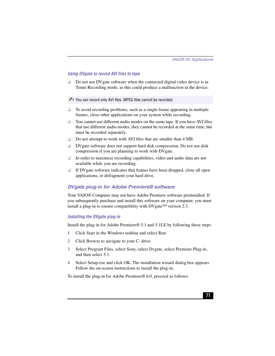 Using dvgate to record avi files to tape, Dvgate plug-in for adobe premiere® software, Installing the dvgate plug-in | 2 click browse to navigate to your c: drive | Sony PCV-LX810 User Manual | Page 77 / 124