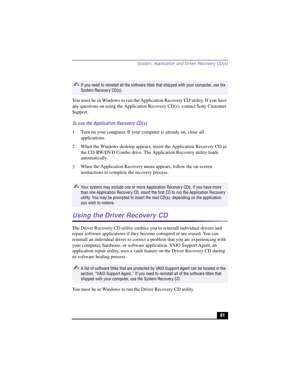 To use the application recovery cd(s), Using the driver recovery cd | Sony PCV-LX810 User Manual | Page 81 / 124