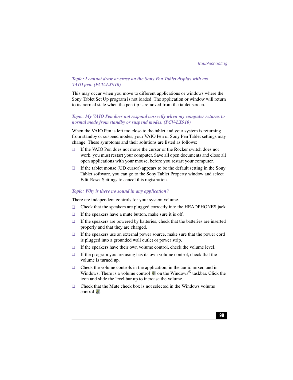 Topic: why is there no sound in any application | Sony PCV-LX810 User Manual | Page 99 / 124