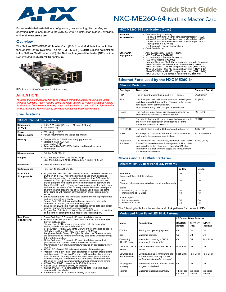 AMX NetLinx Master Card NXC-ME260-64 User Manual | 2 pages