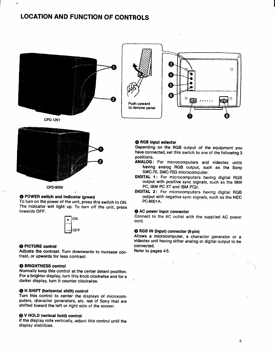 Location and function of controls, O picture control | Sony CPD-9000 User Manual | Page 3 / 6