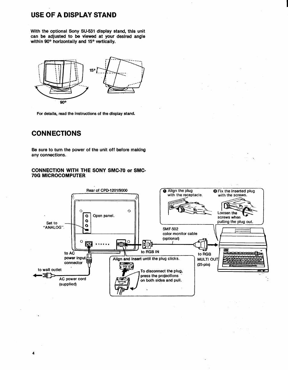 Use of a display stand, Connections | Sony CPD-9000 User Manual | Page 4 / 6
