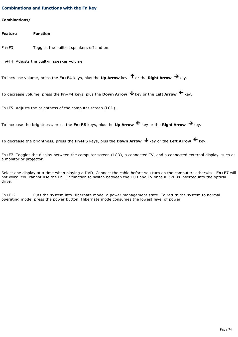 Combinations and functions with the fn key, Combinations and functions with, The fn key | Sony PCG-FRV23 User Manual | Page 74 / 124