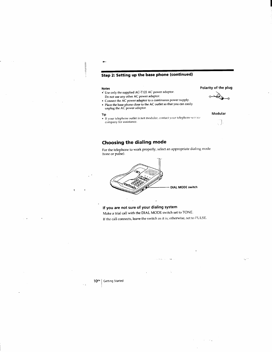 Step 2: setting up the base phone (continued), Choosing the dialing mode | Sony SPP-935 User Manual | Page 11 / 62