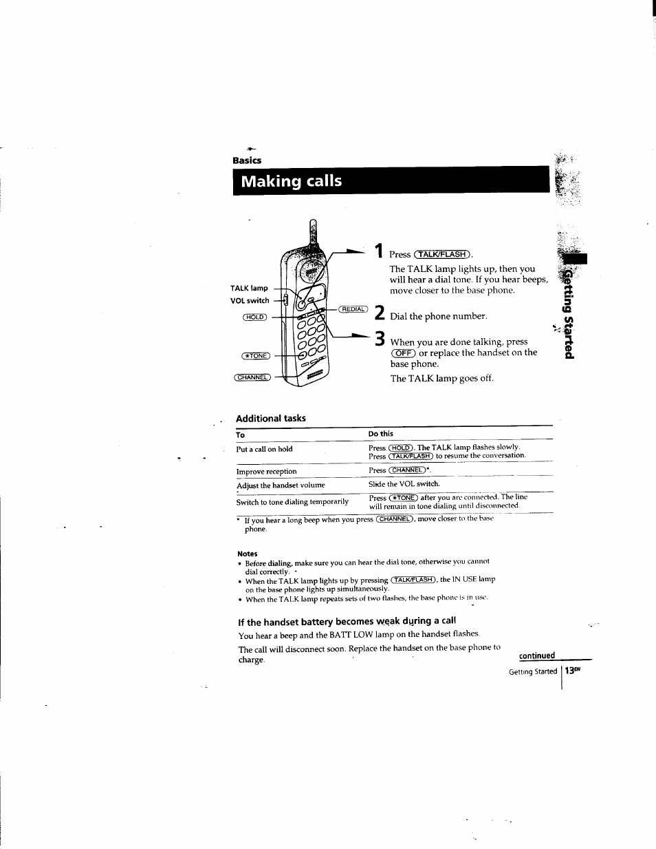 Basics, Making calls, If the handset battery becomes weak during a call | Sony SPP-935 User Manual | Page 14 / 62