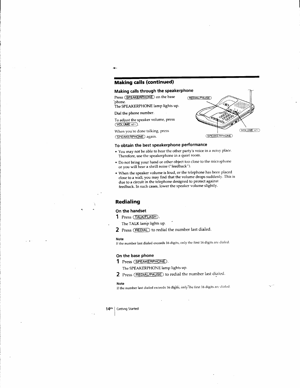 Making calls through the speakerphone, To obtain the best speakerphone performance, Redialing | On the handset, On the base phone, Making calls (continued) | Sony SPP-935 User Manual | Page 15 / 62