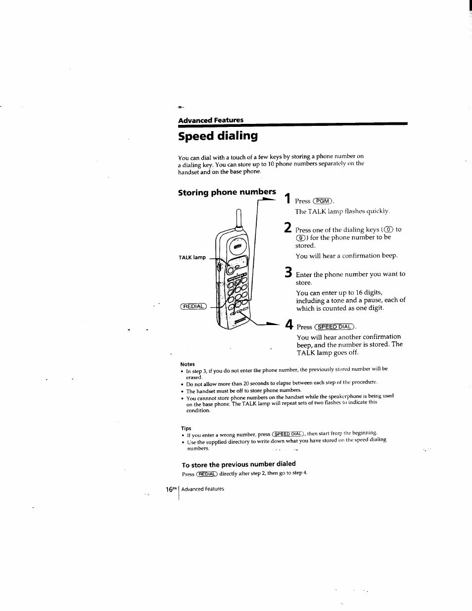 Advanced features, Speed dialing, To store the previous number dialed | Sony SPP-935 User Manual | Page 17 / 62