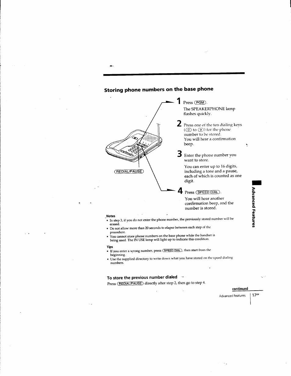 Storing phone numbers on the base phone, To store the previous number dialed | Sony SPP-935 User Manual | Page 18 / 62