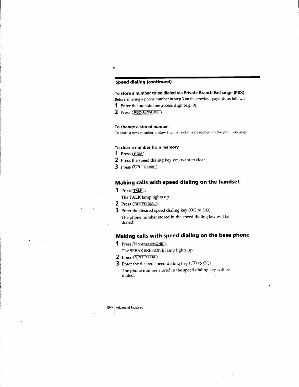 To change a stored number, To clear a number from memory, Making calls with speed dialing on the handset | Speed dialing (continued) | Sony SPP-935 User Manual | Page 19 / 62