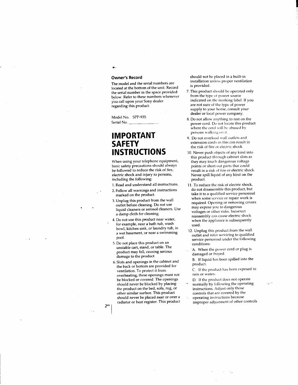 Owner's record, Important safety instructions | Sony SPP-935 User Manual | Page 2 / 62