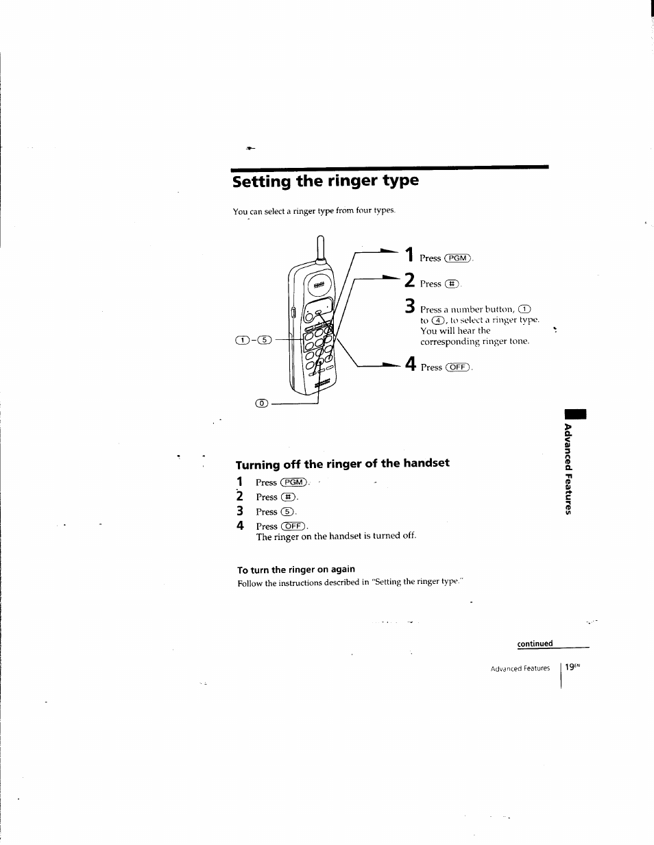 Setting the ringer type, Turning off the ringer of the handset, To turn the ringer on again | Sony SPP-935 User Manual | Page 20 / 62