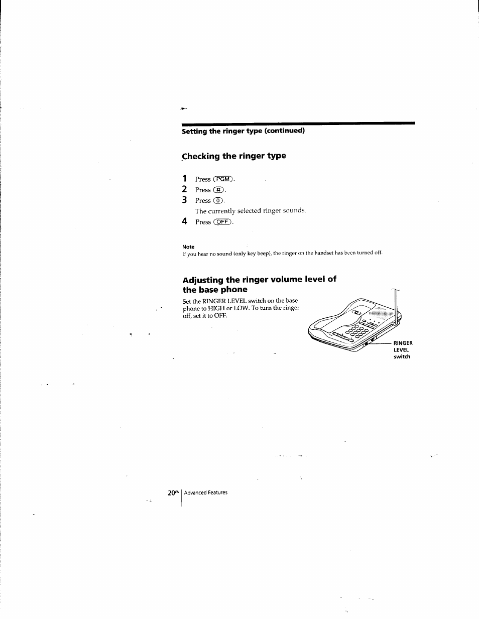 Checking the ringer type, Setting the ringer type (continued) | Sony SPP-935 User Manual | Page 21 / 62