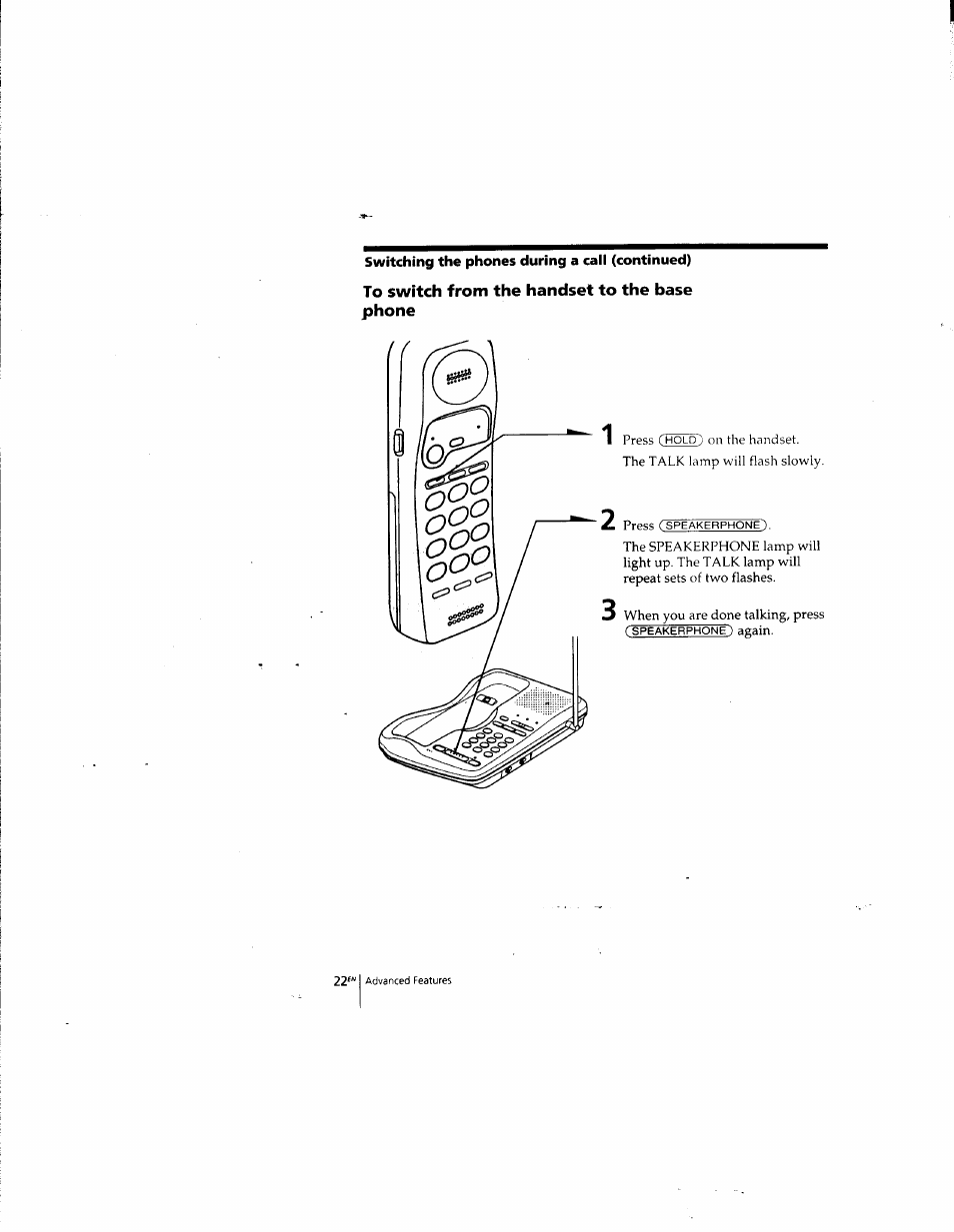 Switching the phones during a call (continued), To switch from the handset to the base phone | Sony SPP-935 User Manual | Page 23 / 62