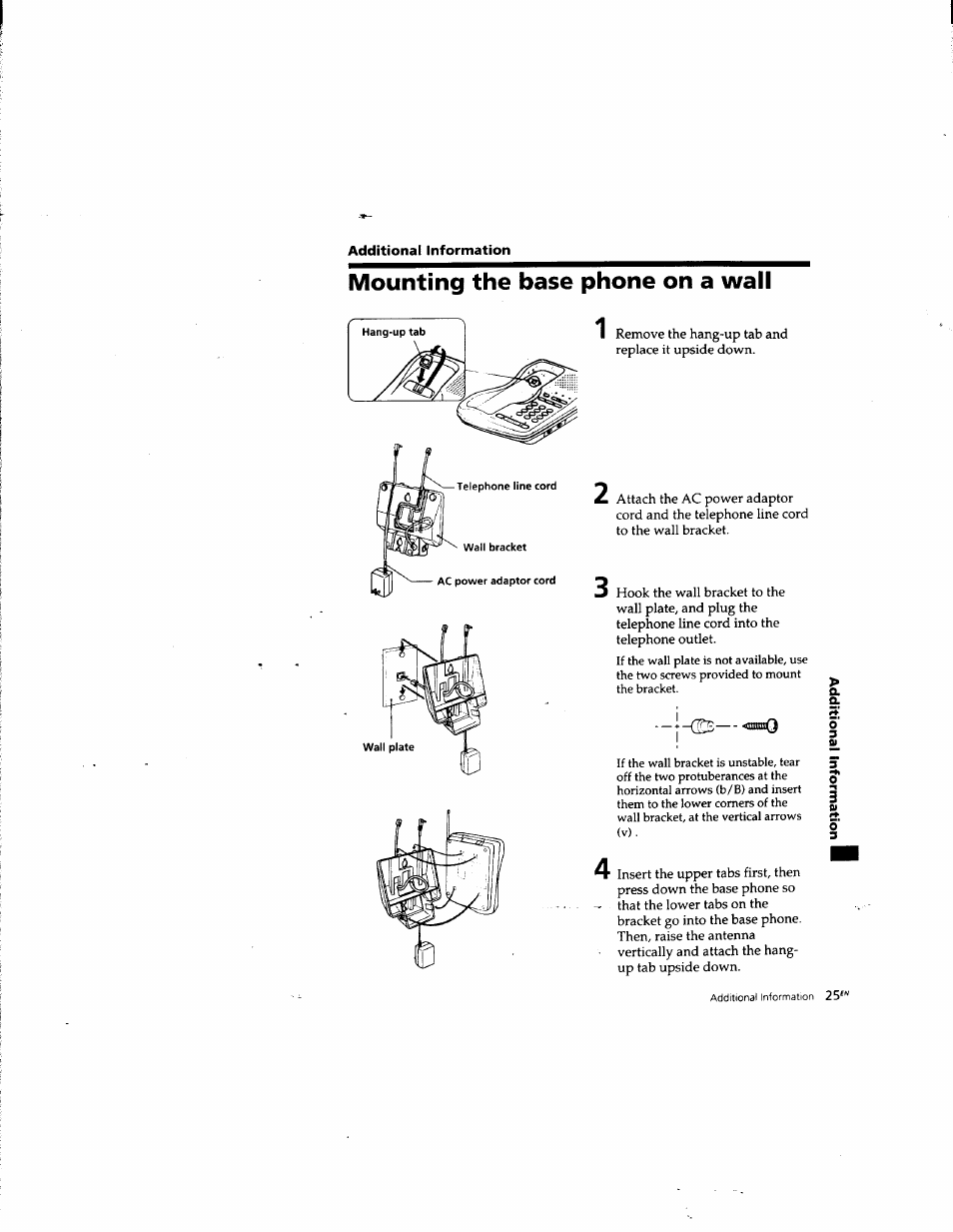 Additional information, Mounting the base phone on a wall | Sony SPP-935 User Manual | Page 26 / 62