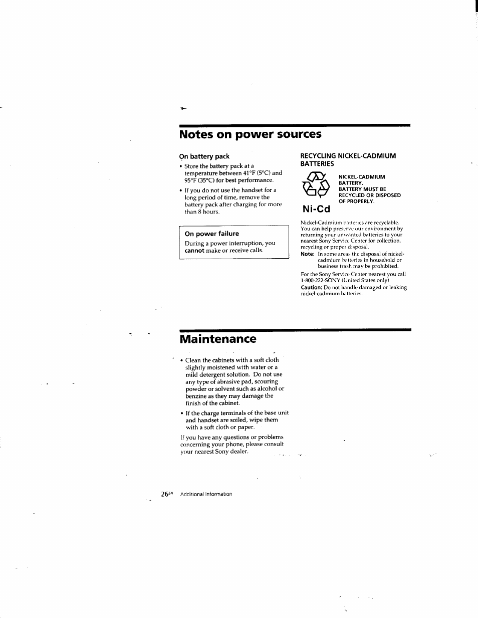 Notes on power sources, On battery pack, Recycling nickel-cadmium batteries | Maintenance, Ni-cd | Sony SPP-935 User Manual | Page 27 / 62