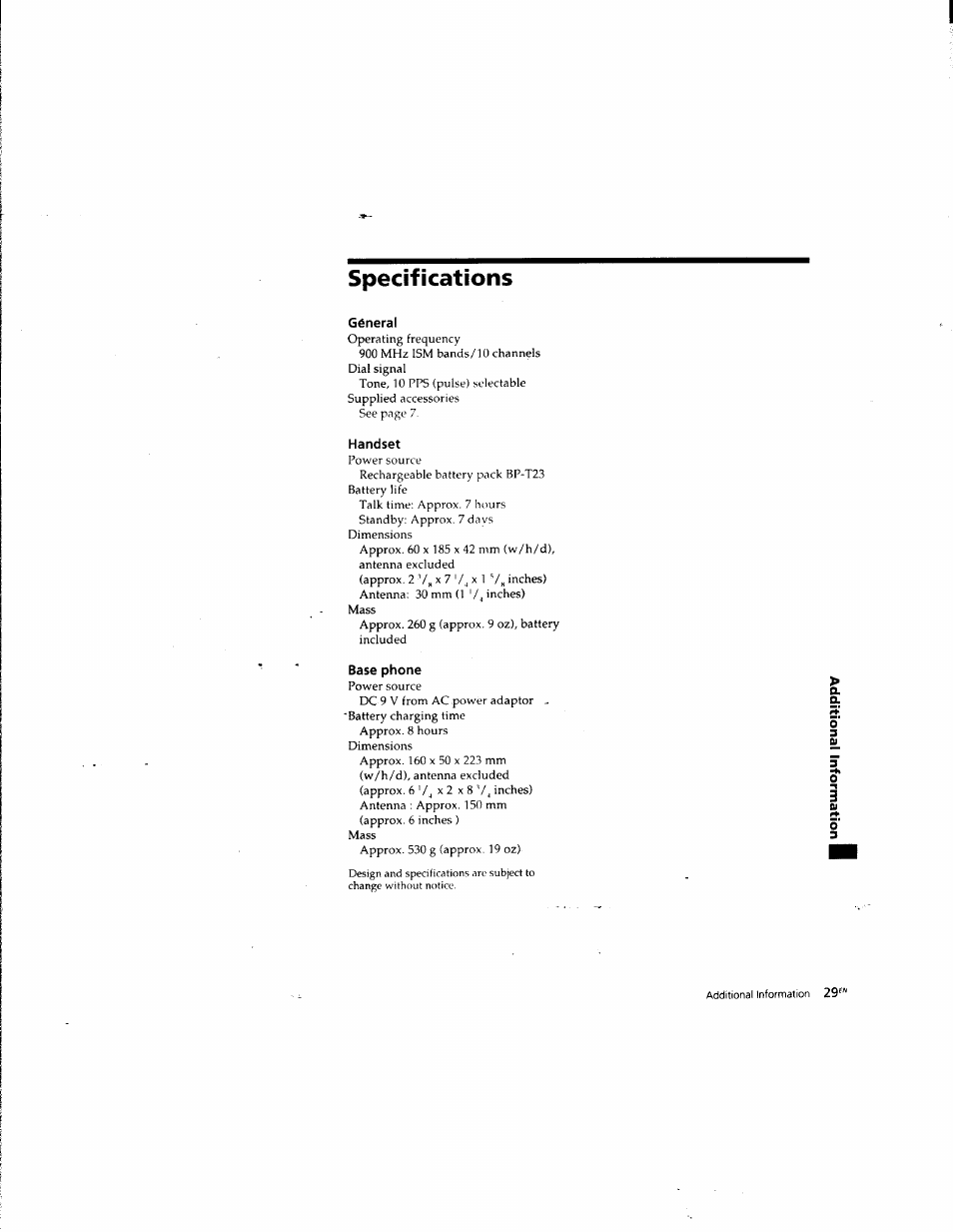 Specifications | Sony SPP-935 User Manual | Page 30 / 62