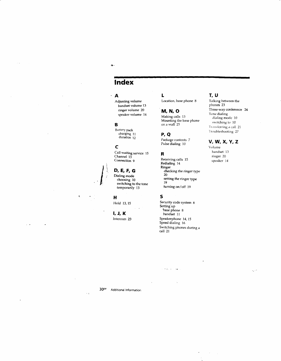 Index, D, e, f, g, M, n, o | P, q, V, w, x, y, z | Sony SPP-935 User Manual | Page 31 / 62