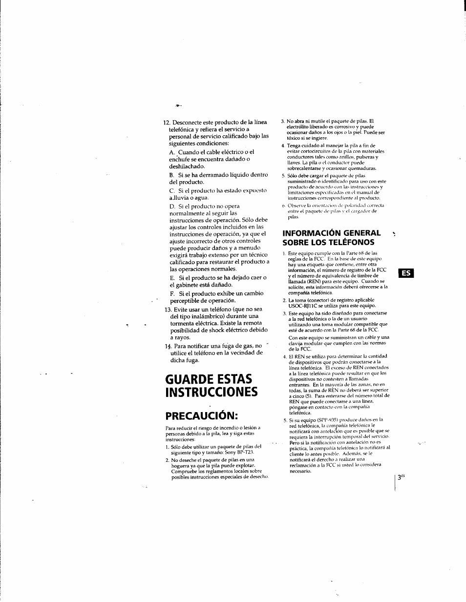 Guarde estas instrucciones, Precaución, Información general sobre los teléfonos | Sony SPP-935 User Manual | Page 35 / 62