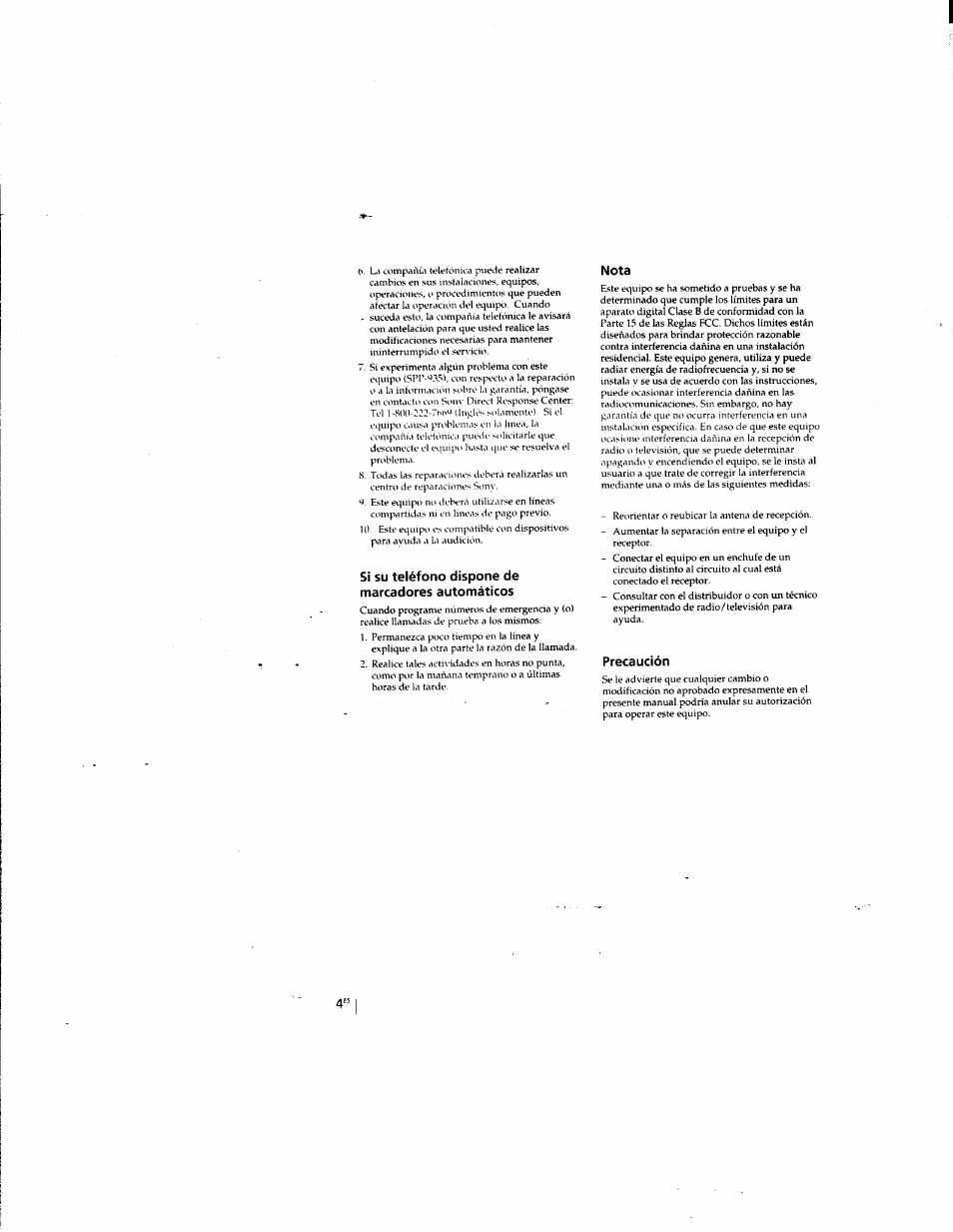 Si su teléfono dispone de marcadores automáticos, Nota, Precaución | Sony SPP-935 User Manual | Page 36 / 62