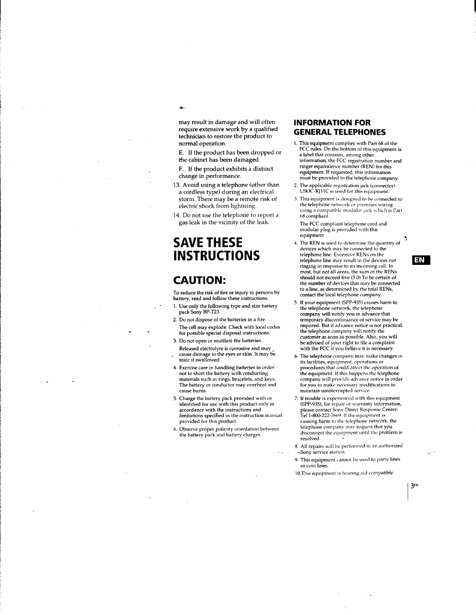 Save these instructions, Caution, Information for general telephones | Sony SPP-935 User Manual | Page 4 / 62