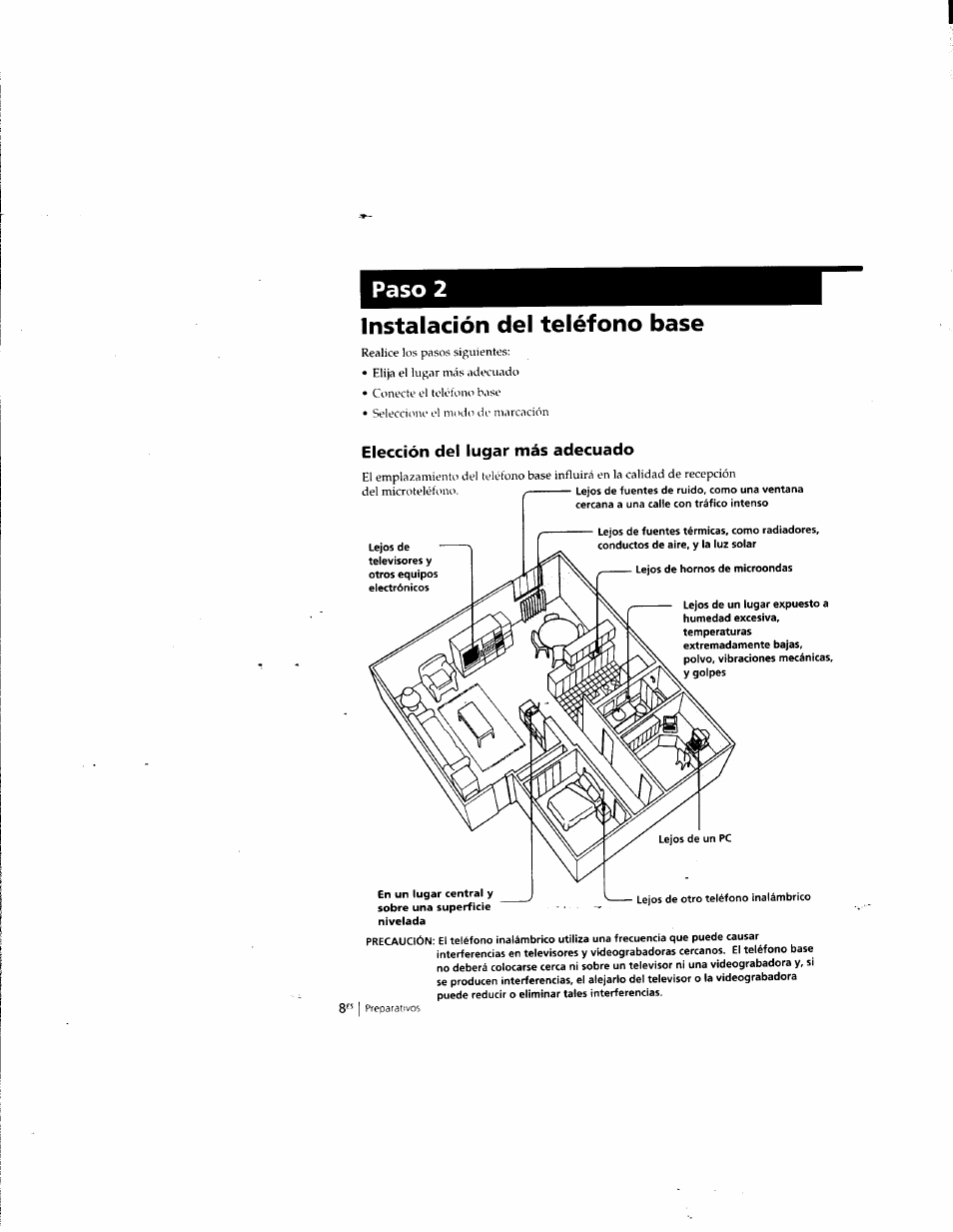 Instalación del teléfono base, Elección del lugar más adecuado, Paso 2 | Sony SPP-935 User Manual | Page 40 / 62