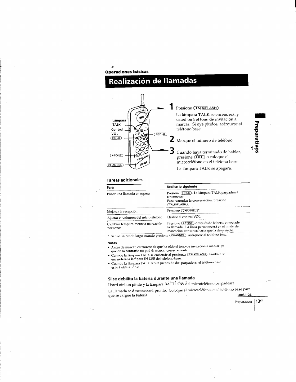 Realización de llamadas, Tareas adicionales, Si se debilita la batería durante una llamada | Operaciones básicas | Sony SPP-935 User Manual | Page 45 / 62