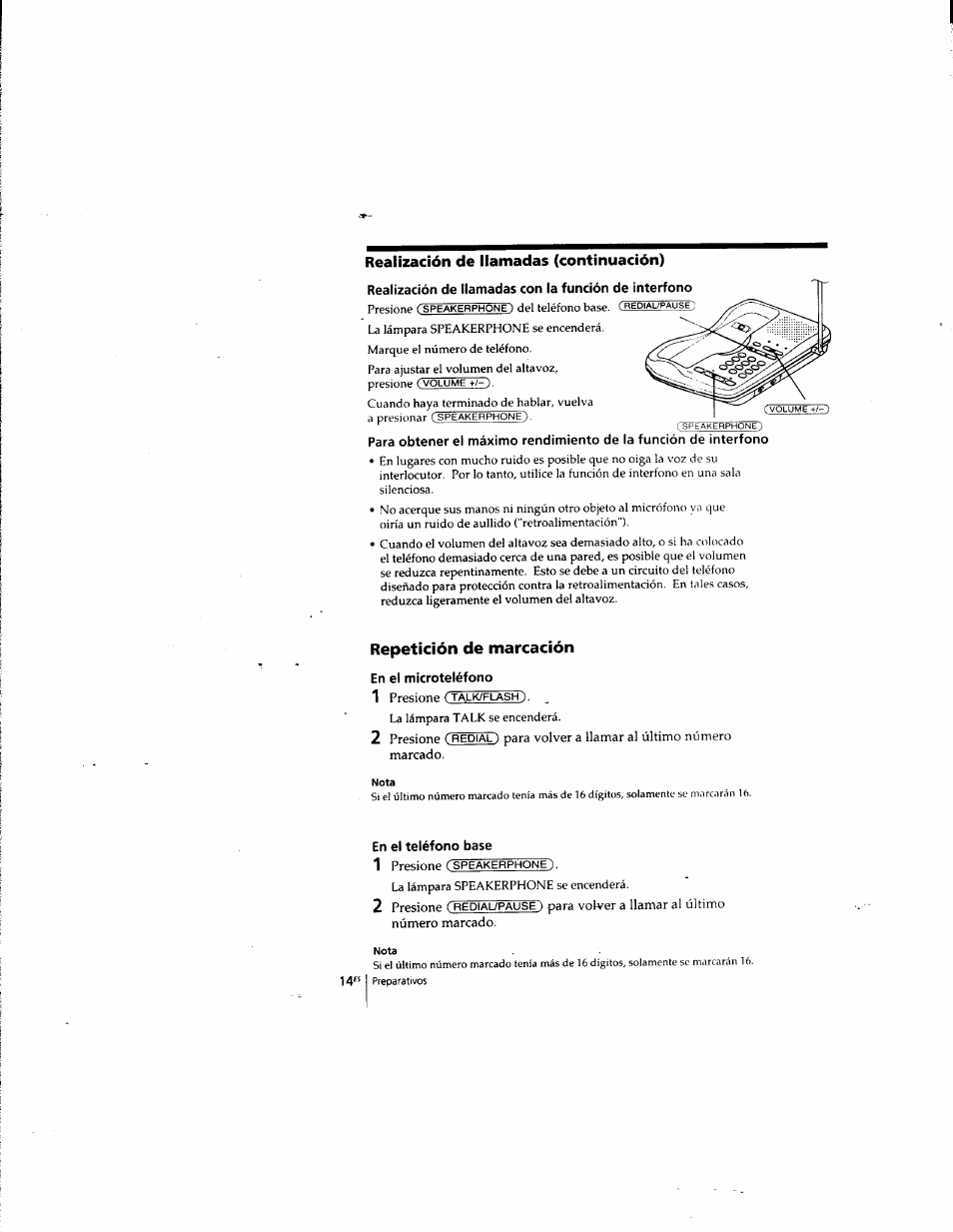 En ei teléfono base, Repetición de marcación, Realización de liamadas (continuación) | Sony SPP-935 User Manual | Page 46 / 62