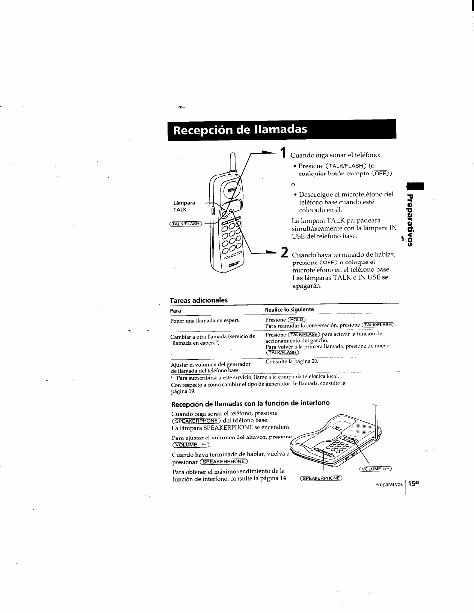 Recepción de llamadas, Tareas adicionales, Recepción de llamadas con la función de interfono | Sony SPP-935 User Manual | Page 47 / 62