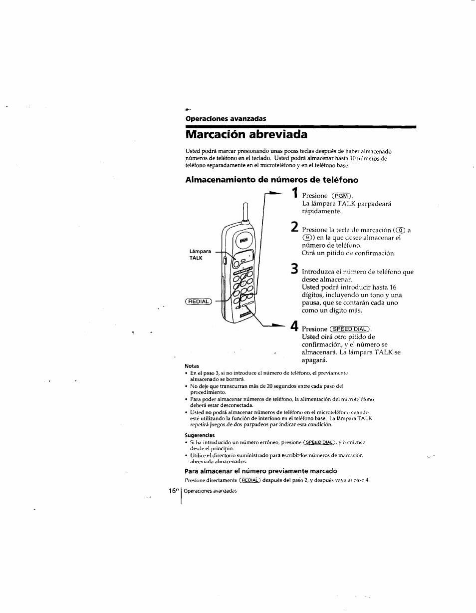 Marcación abreviada, Almacenamiento de números de teléfono, Para almacenar el número previamente marcado | Operaciones avanzadas | Sony SPP-935 User Manual | Page 48 / 62