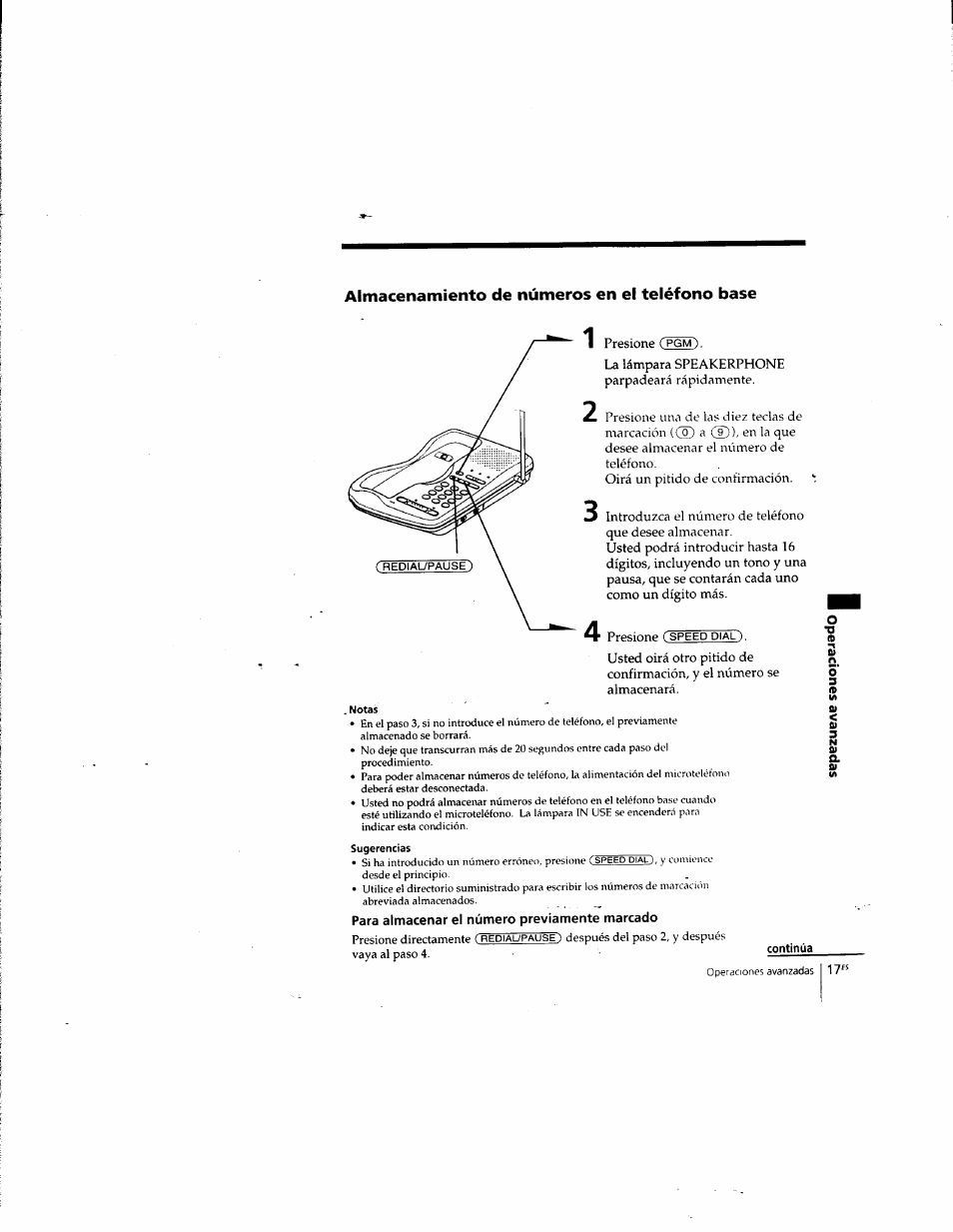 Almacenamiento de números en el teléfono base, Para almacenar el número previamente marcado | Sony SPP-935 User Manual | Page 49 / 62