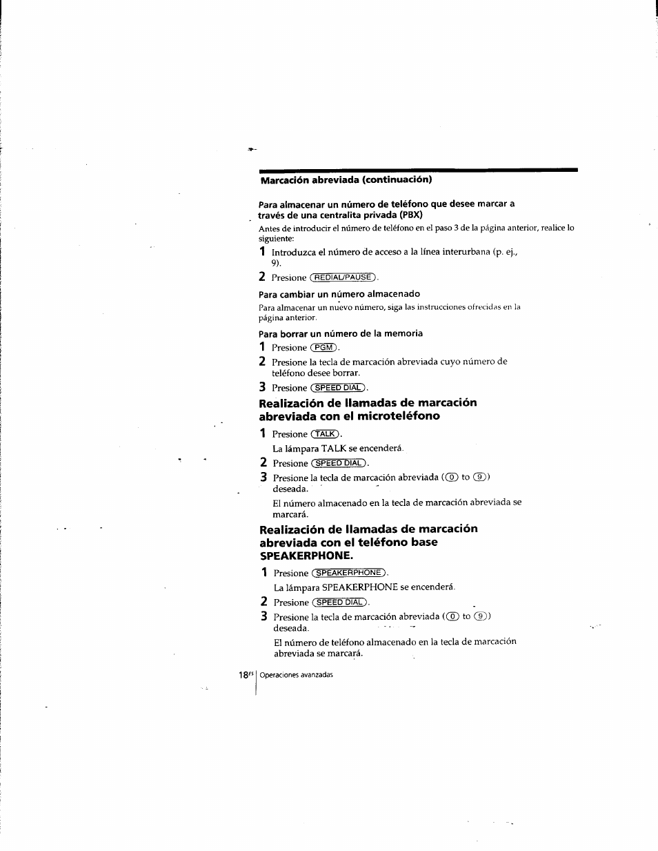 Para cambiar un número almacenado, Para borrar un número de la memoria, Marcación abreviada (continuación) | Sony SPP-935 User Manual | Page 50 / 62