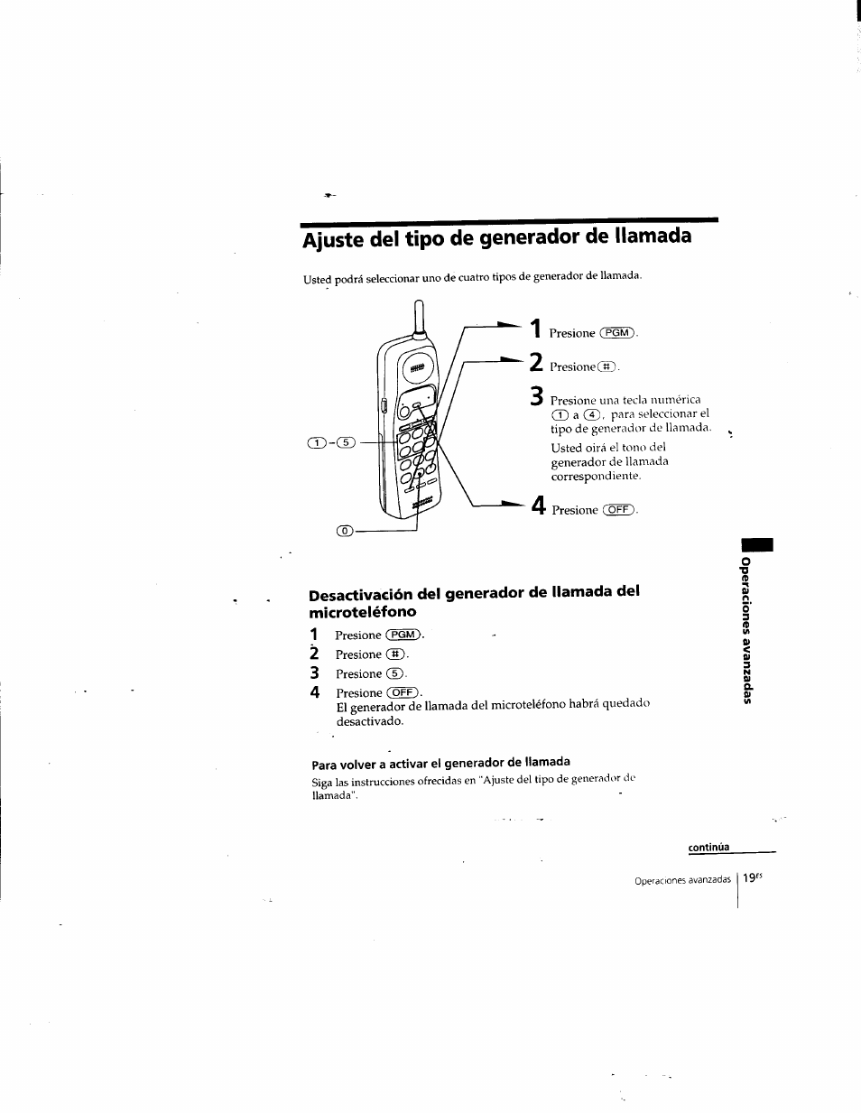 Ajuste del tipo de generador de llamada, Para volver a activar el generador de llamada | Sony SPP-935 User Manual | Page 51 / 62