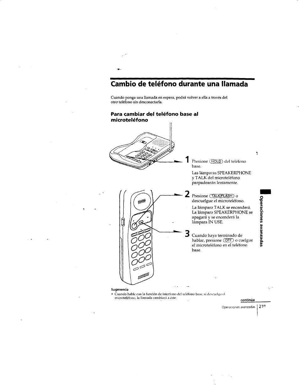 Cambio de teléfono durante una llamada, Para cambiar del teléfono base al microteléfono | Sony SPP-935 User Manual | Page 53 / 62