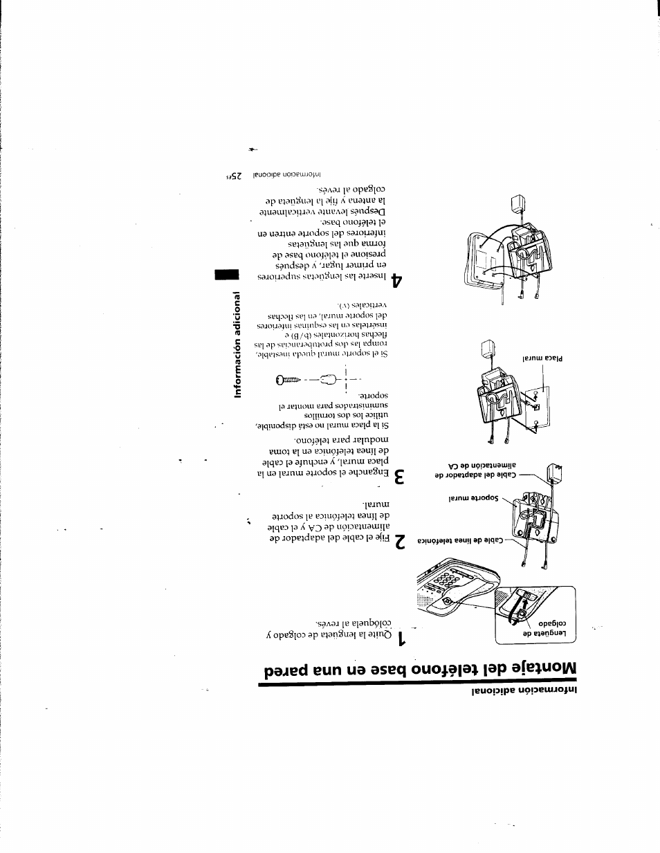 Información adicional, Montaje del teléfono base en una pared | Sony SPP-935 User Manual | Page 57 / 62