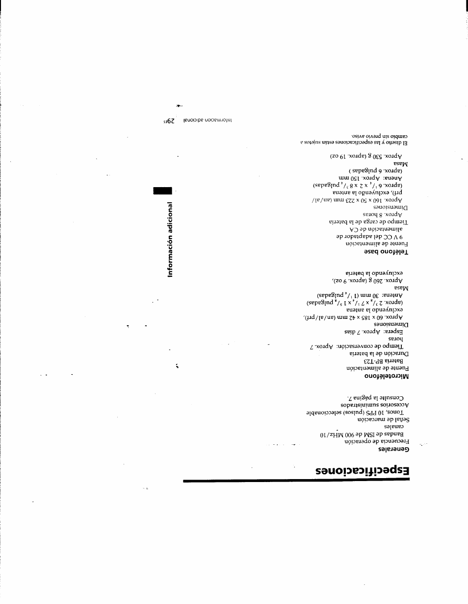 Especificaciones, Generales, Microteléfono | Teléfono base | Sony SPP-935 User Manual | Page 61 / 62