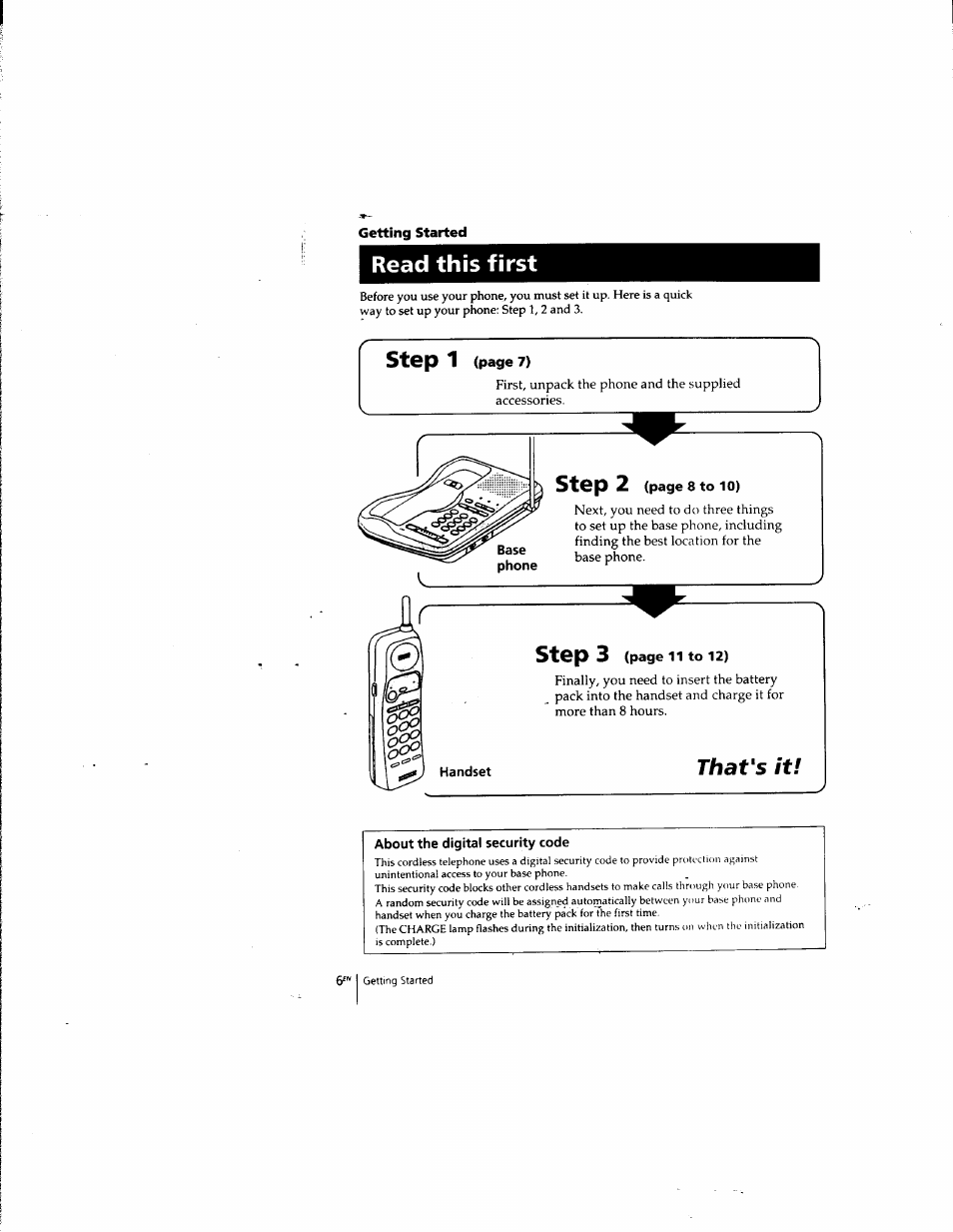Getting started, Read this first, About the digital security code | Step 1, Step 2, Step | Sony SPP-935 User Manual | Page 7 / 62