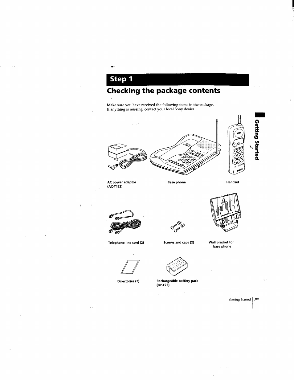 Checking the package contents, Step 1 | Sony SPP-935 User Manual | Page 8 / 62