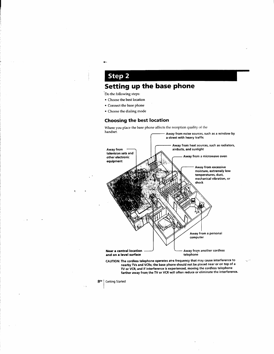 Setting up the base phone, Choosing the best location, Step 2 | Sony SPP-935 User Manual | Page 9 / 62