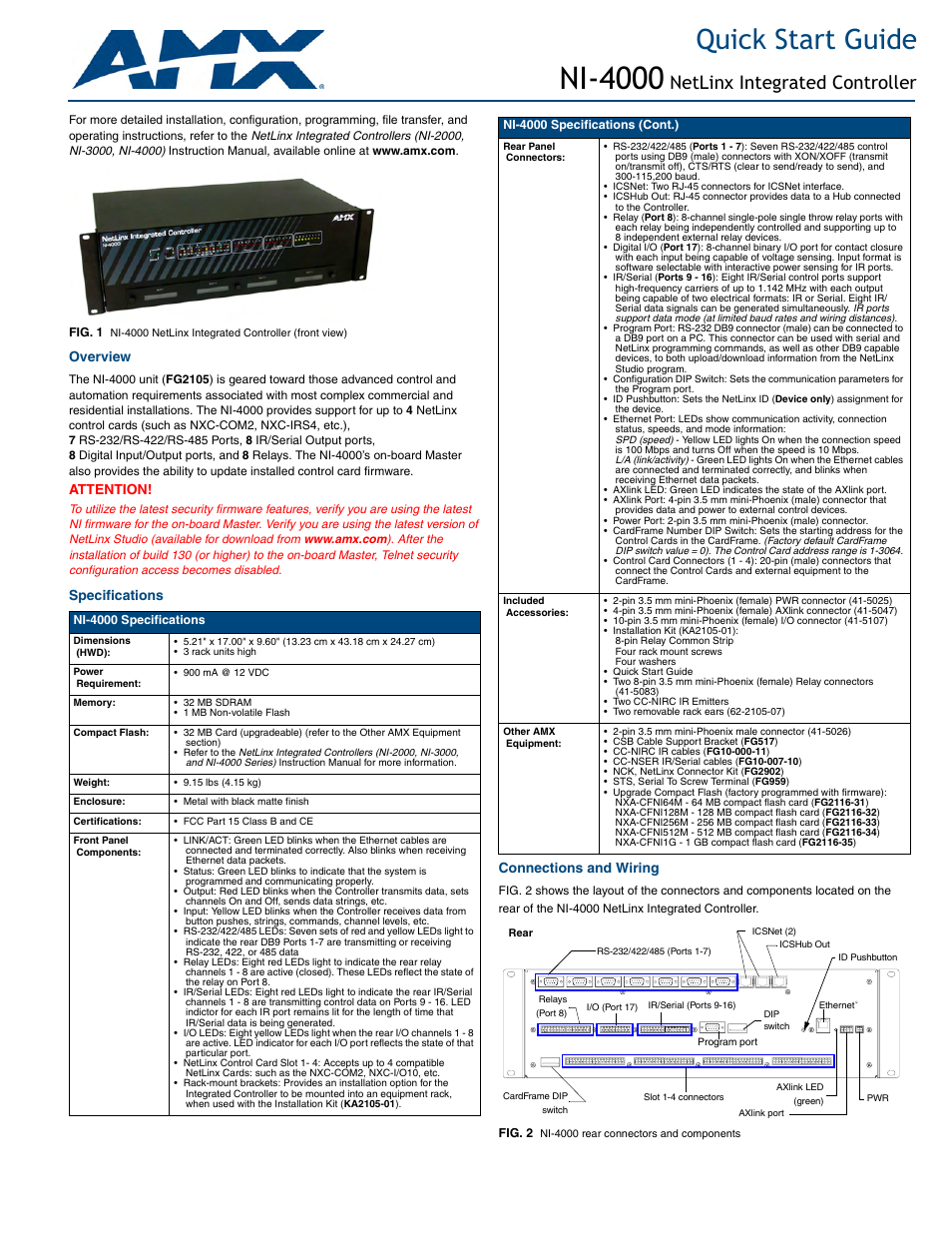 AMX NetLinx Integrated Controller NI-4000 User Manual | 2 pages
