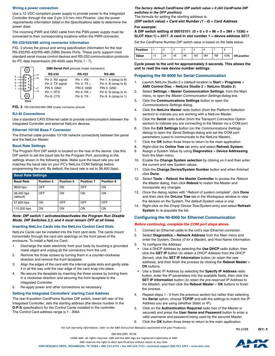 Wiring a power connection, Rs-232/422/485 wiring connector information, Rj-45 connections | Ethernet 10/100 base-t connector, Baud rate settings, Preparing the ni-4000 for serial communication, Configuring the ni-4000 for ethernet communication | AMX NetLinx Integrated Controller NI-4000 User Manual | Page 2 / 2