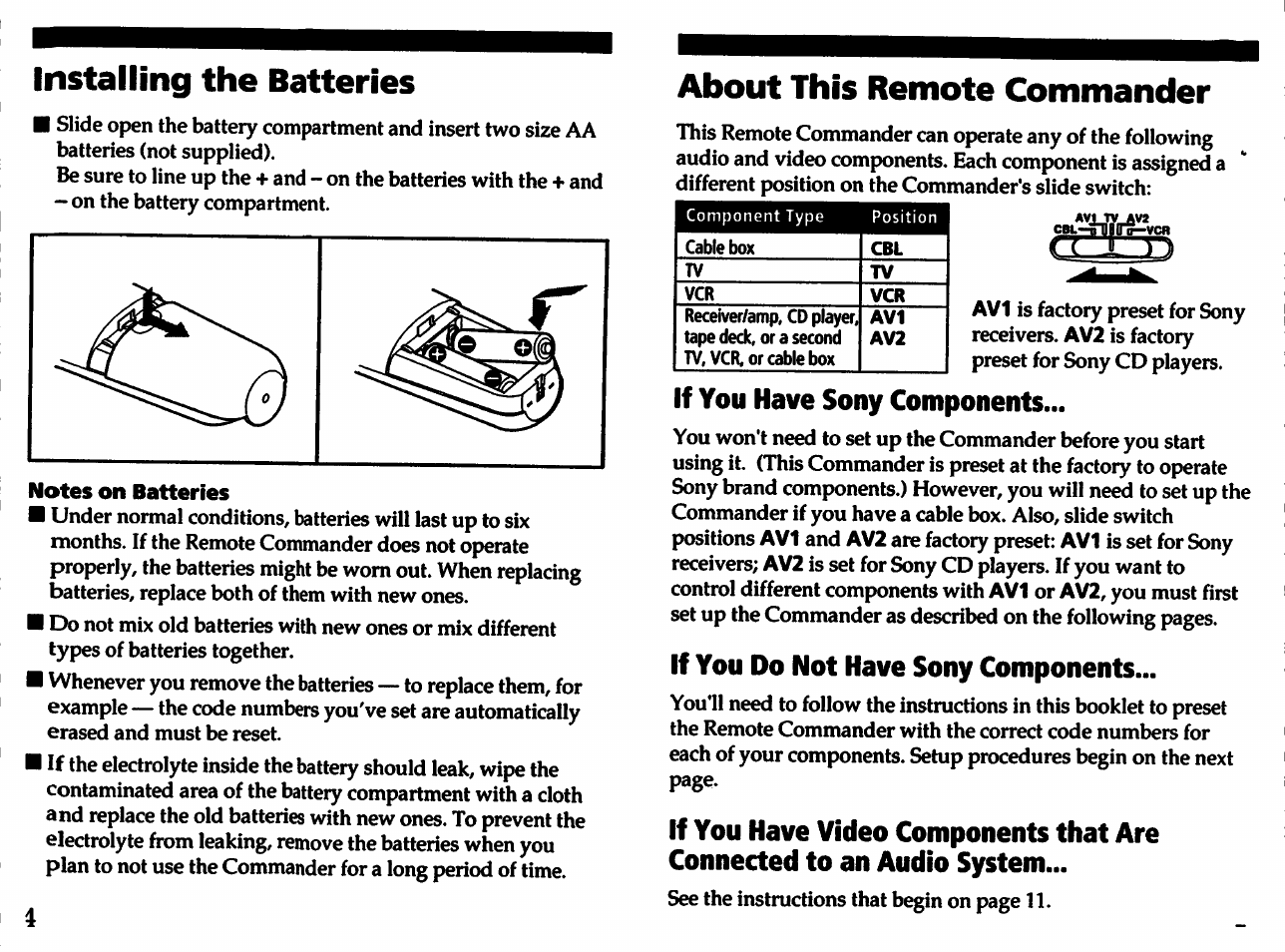 Installing the batteries, Notes on batteries, About this remote commander | If you have sony components, If you do not have sony components | Sony RM-V21 User Manual | Page 3 / 13