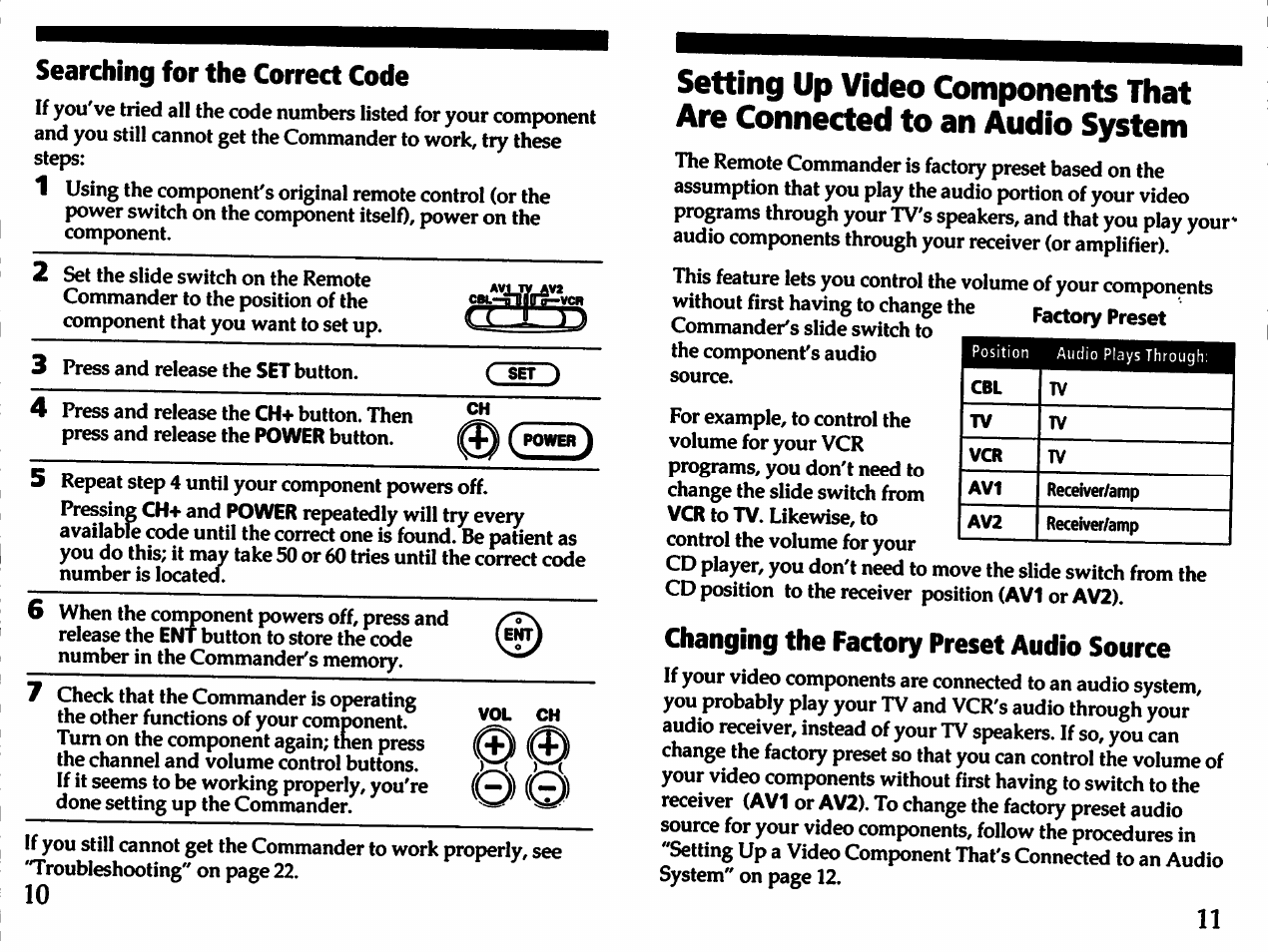 Searching for the correct code, Changing the factory preset audio source | Sony RM-V21 User Manual | Page 6 / 13